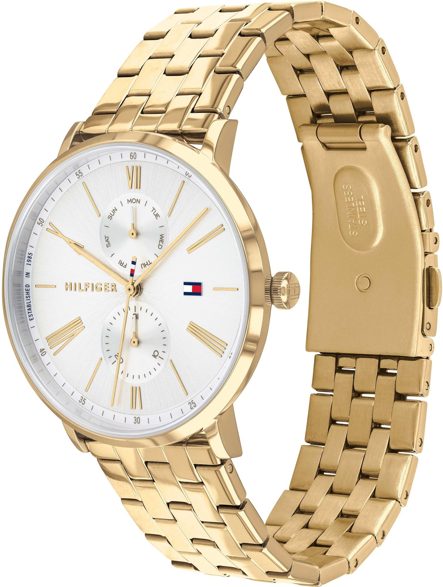 Side angle view of Tommy Hilfiger Jenna watch showing gold-tone bracelet and case profile