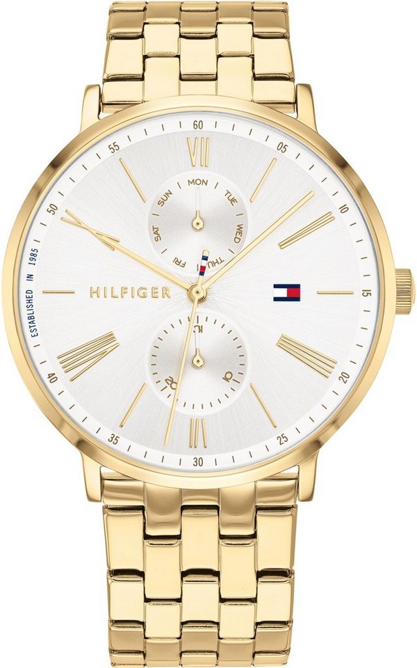 Tommy Hilfiger Jenna multifunction women's watch with gold-tone case, white dial, and gold bracelet