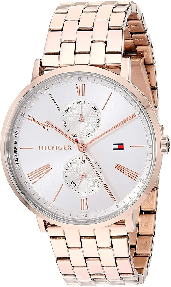 Tommy Hilfiger Jenna watch from side angle showing rose gold stainless steel bracelet and case profile