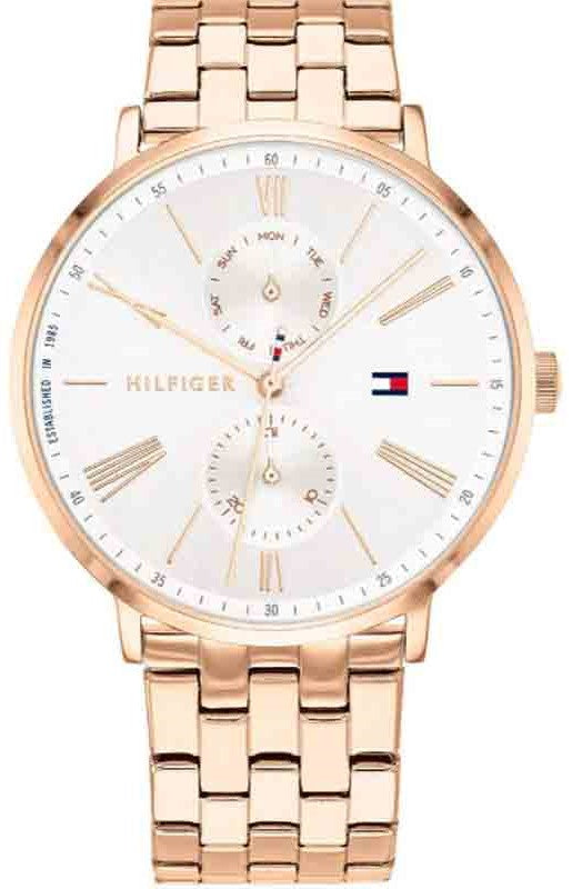 Tommy Hilfiger Jenna analog women's watch with rose gold stainless steel case and bracelet, white dial with Roman numerals