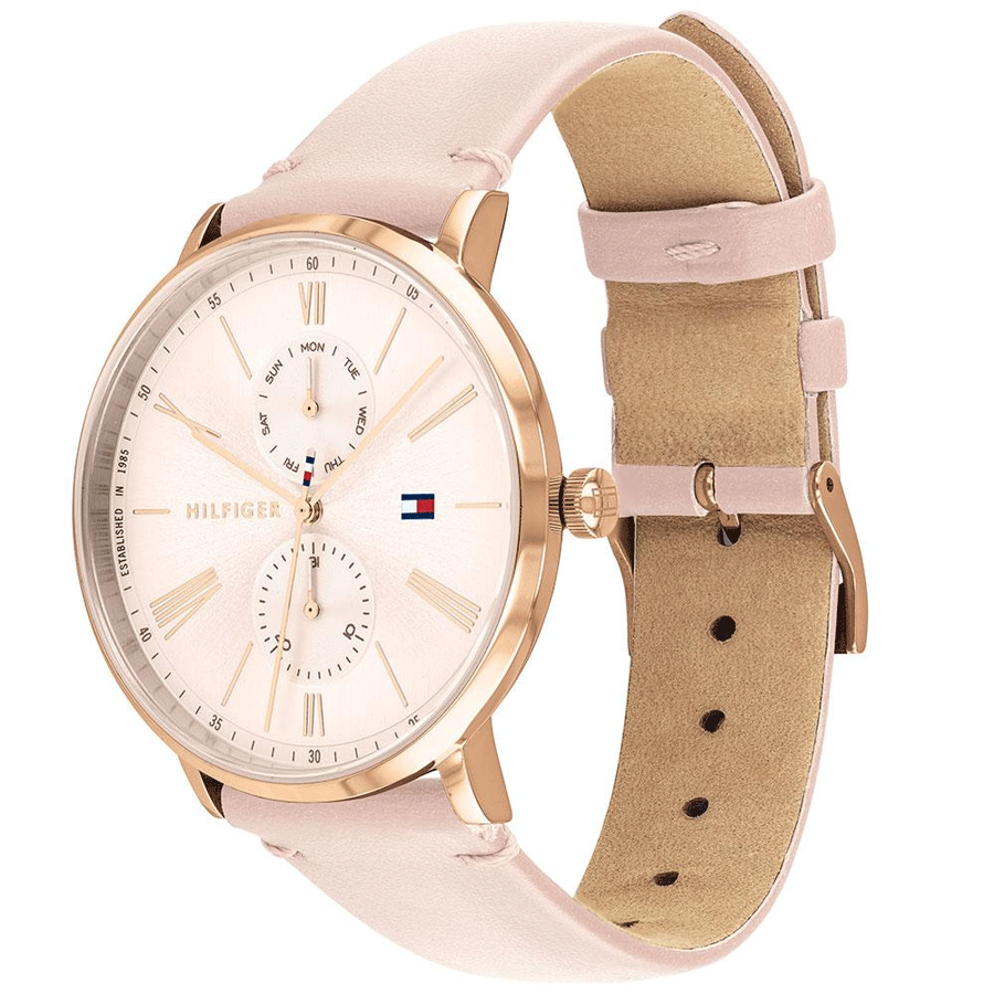 Tommy Hilfiger Jenna watch angle view showing pink leather strap and rose gold case details