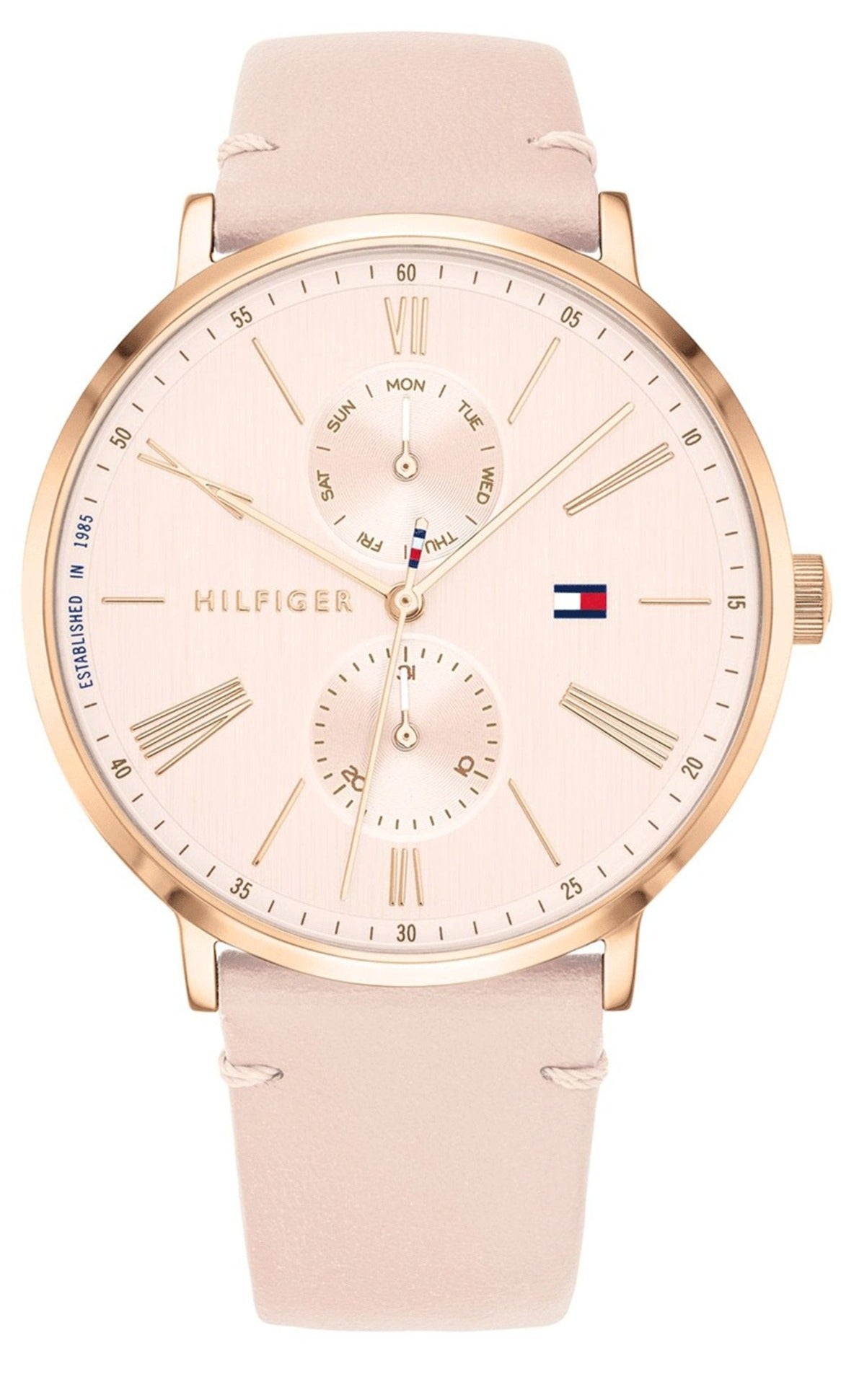 Tommy Hilfiger Jenna women's watch with pink dial, rose gold case, and pink leather strap