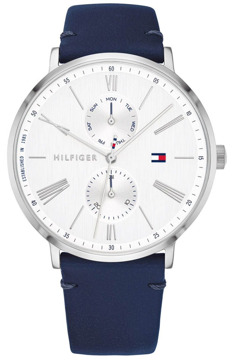 Tommy Hilfiger Jenna watch front view with white dial and blue leather strap