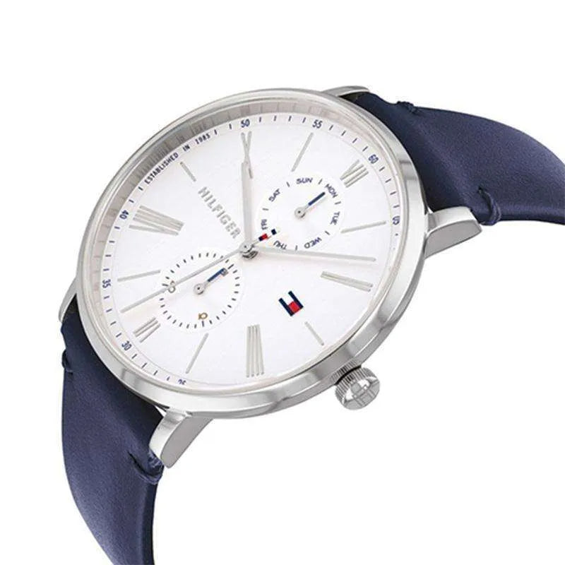 Tommy Hilfiger Jenna watch worn on wrist with white dial and blue leather strap