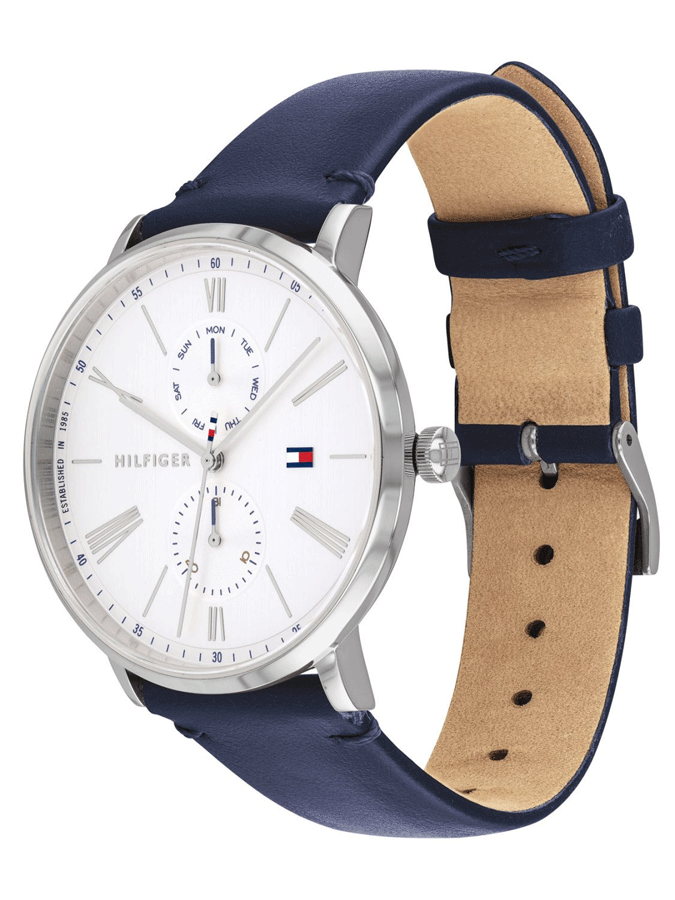 Tommy Hilfiger Jenna watch showing blue leather strap with tan inner lining