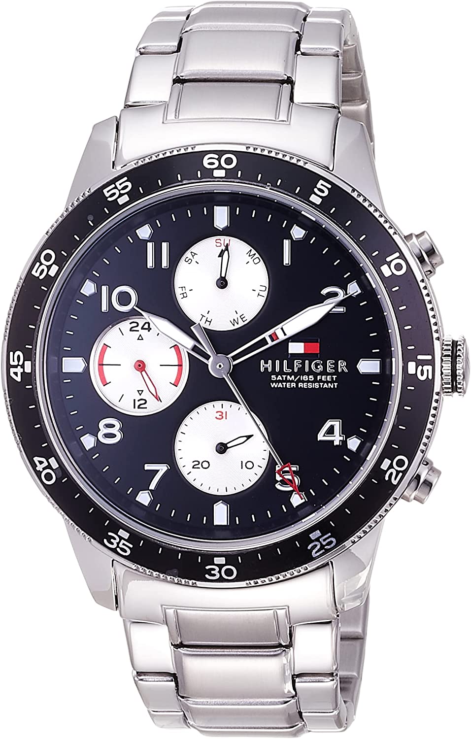Tommy Hilfiger Jimmy multifunction watch angled view showing black dial and steel bracelet