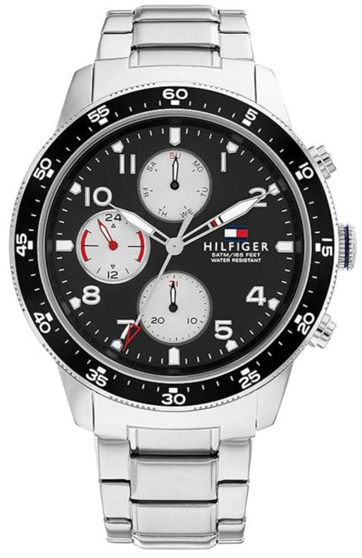 Tommy Hilfiger Jimmy chronograph watch with black dial, silver steel bracelet, and three subdials