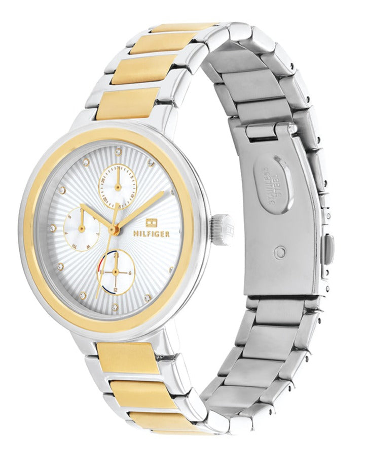 Tommy Hilfiger Joy women's watch side profile showing two-tone stainless steel bracelet