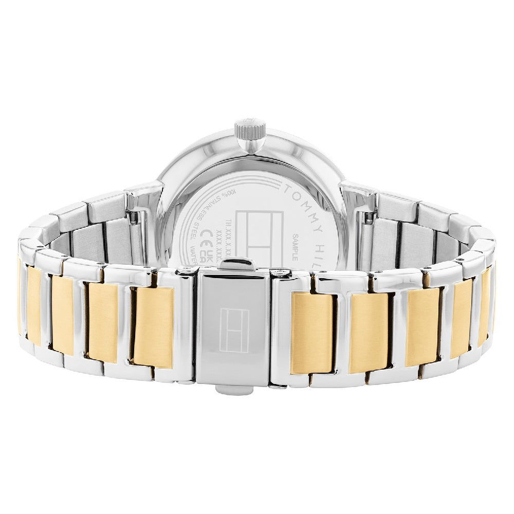 Tommy Hilfiger Joy watch caseback displaying stainless steel case with two-tone bracelet