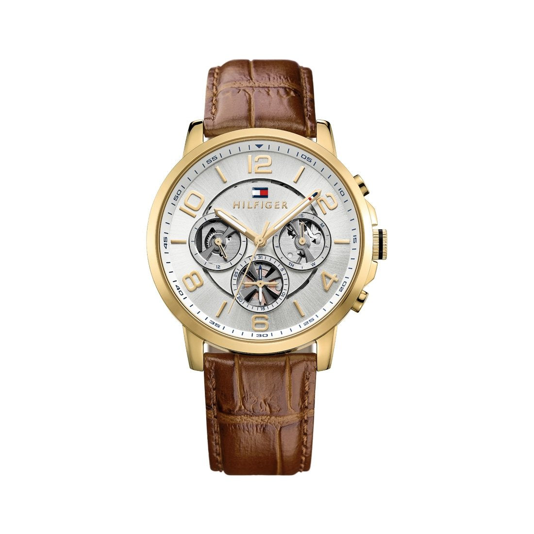 Tommy Hilfiger Keagan watch showing silver dial with gold numerals and chronograph subdials
