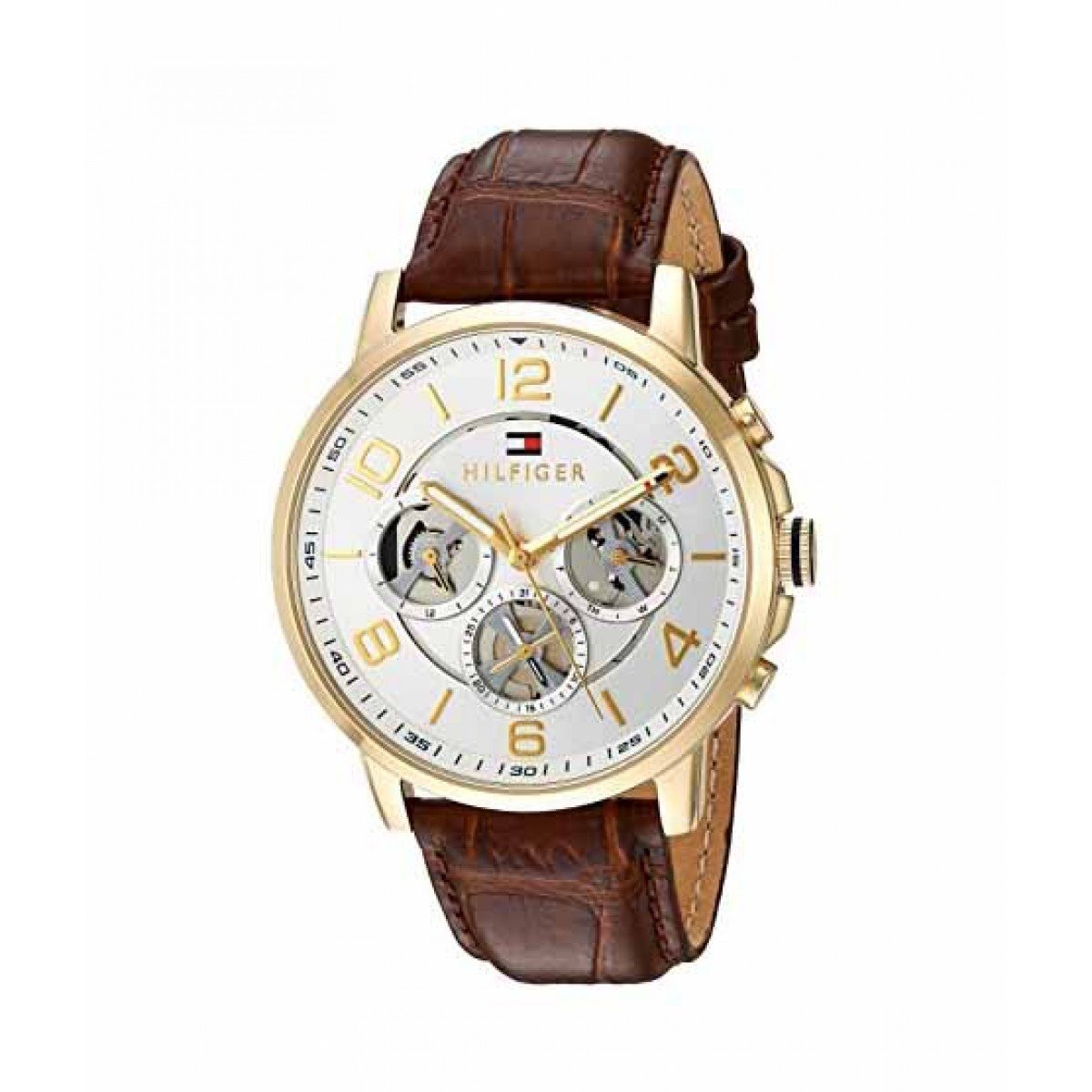 Tommy Hilfiger Keagan silver dial watch with gold case and brown leather strap