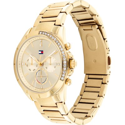 Tommy Hilfiger Kennedy gold watch at angle showing dial and gold bracelet