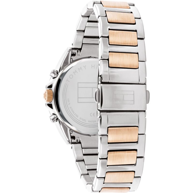 Side view of Kennedy watch showing two-tone metal bracelet and caseback