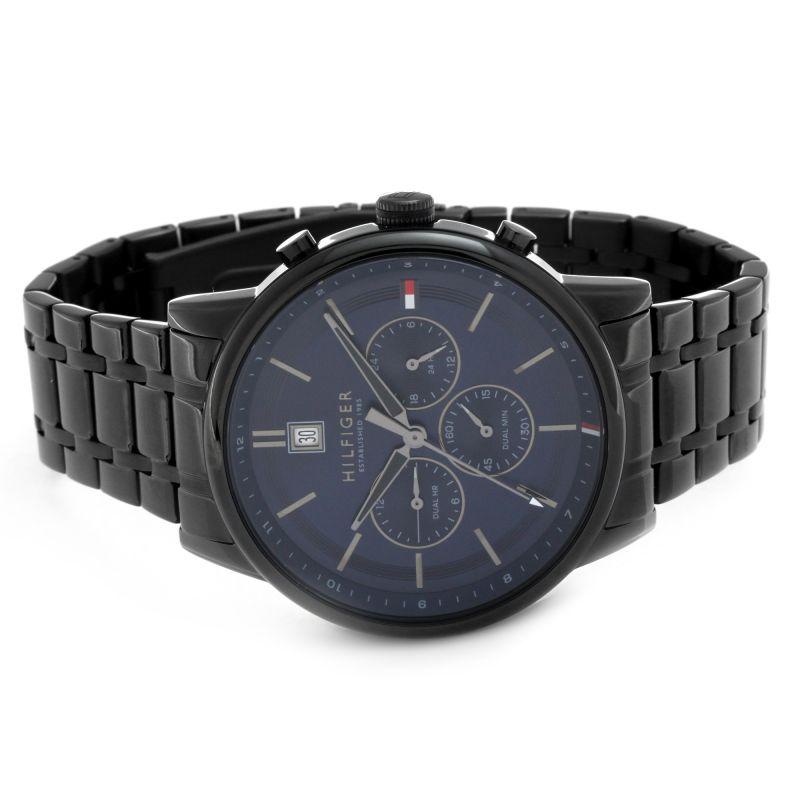 Three-quarter angle view of Tommy Hilfiger Kyle dual time chronograph watch with blue dial