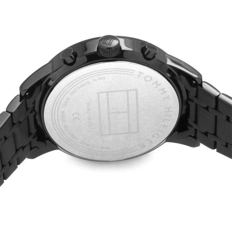 Tommy Hilfiger Kyle watch case back detail with stainless steel bracelet visible