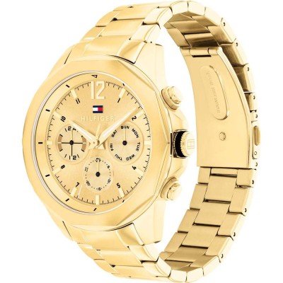 Side view of Tommy Hilfiger Lars gold watch showing link bracelet profile
