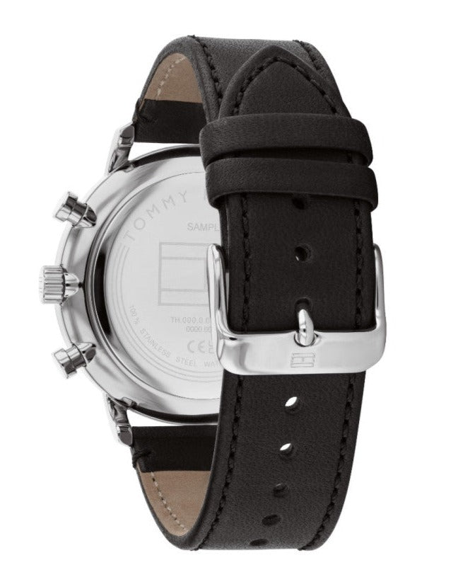 Stainless steel caseback with engraved Tommy Hilfiger logo and specifications