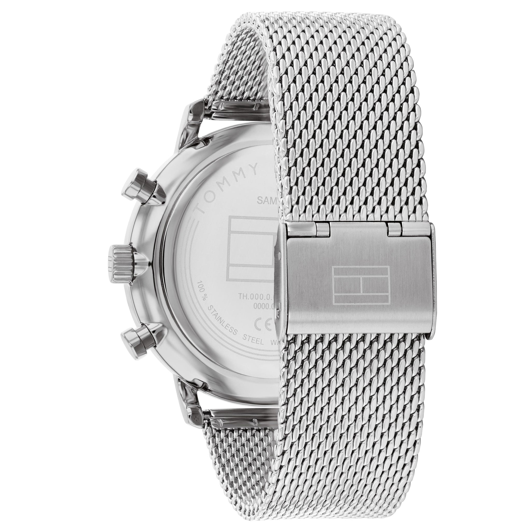 Caseback view of Tommy Hilfiger Legend 1710567 watch with stainless steel mesh strap
