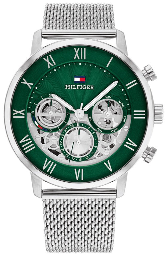 Tommy Hilfiger Legend 44mm green skeleton dial multifunction watch with stainless steel mesh strap