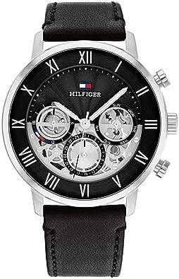 Tommy Hilfiger Legend 44mm watch with black dial, Roman numerals, and skeleton chronograph subdials