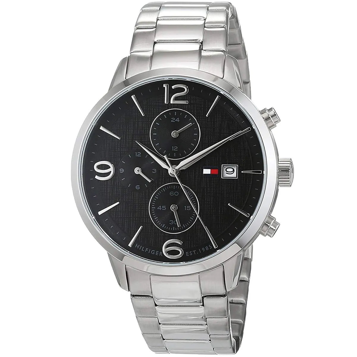 Tommy Hilfiger Liam watch angled view showing black dial with chronograph subdials and silver bracelet