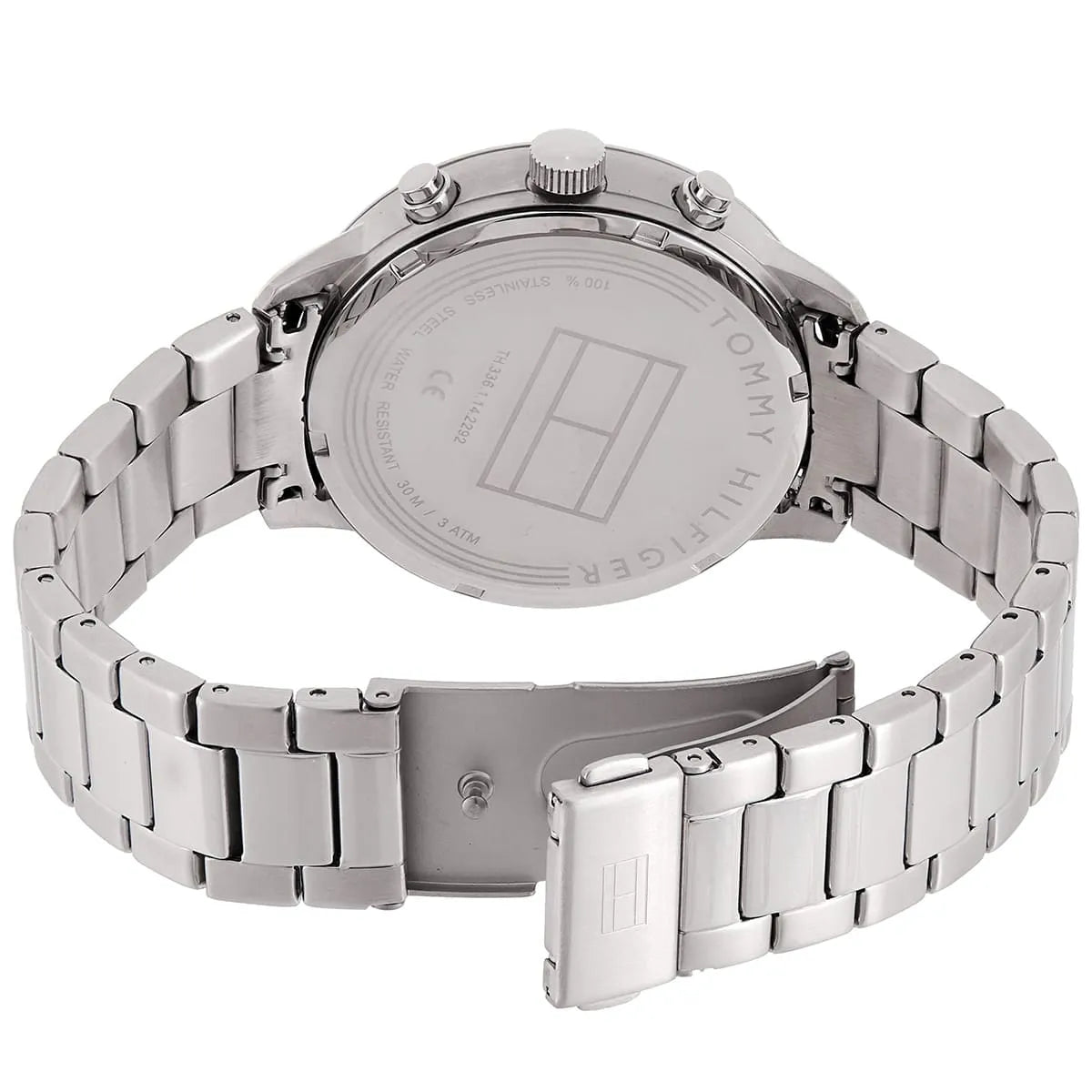 Case back of Tommy Hilfiger Liam watch showing stainless steel bracelet and deployment clasp