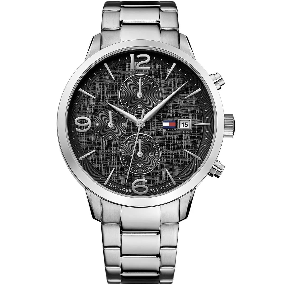 Tommy Hilfiger Liam chronograph men's watch with black dial, silver stainless steel case and bracelet
