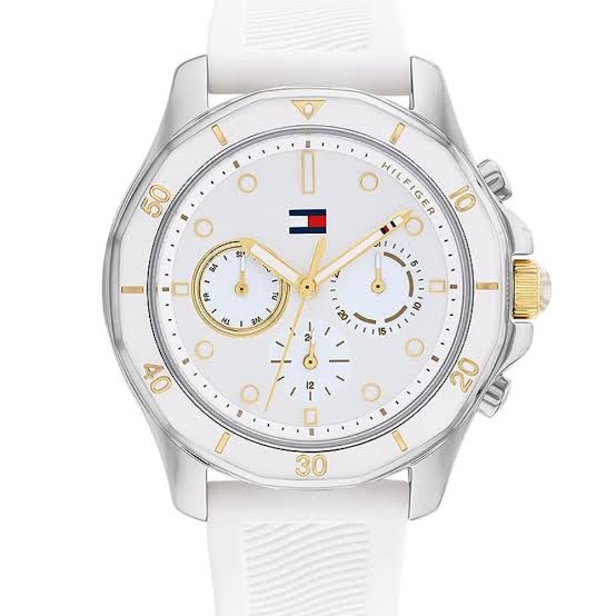 Tommy Hilfiger Libby women's chronograph watch with white dial, gold accents, and white rubber strap