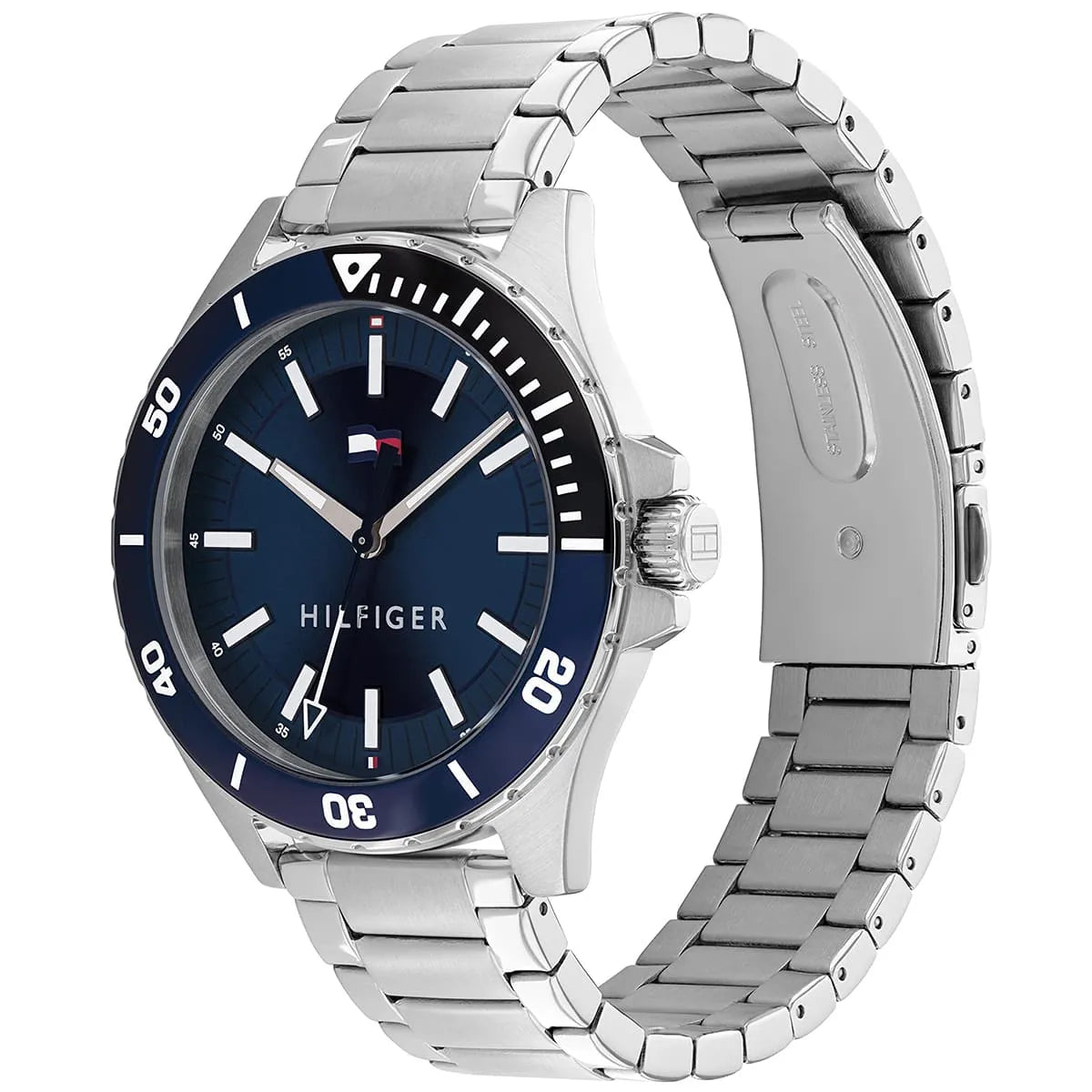 Side view of Tommy Hilfiger Logan watch with silver stainless steel bracelet