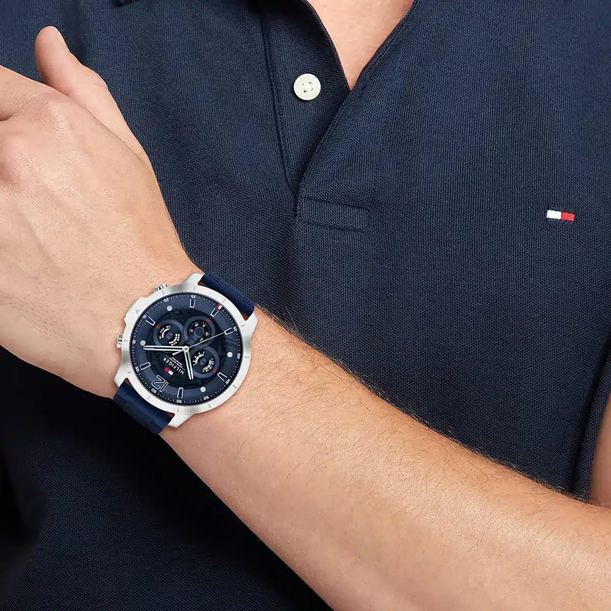 Tommy Hilfiger Luca chronograph watch worn on wrist with blue dial visible