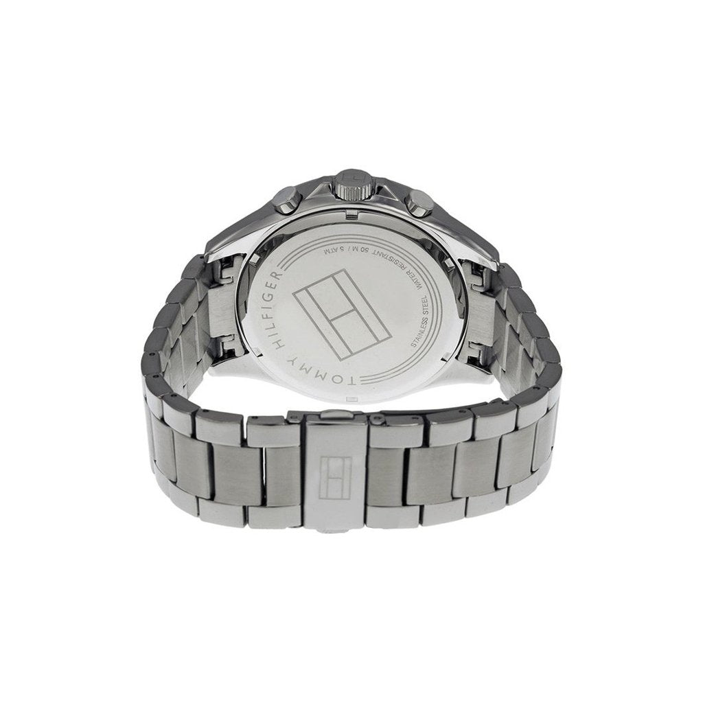 Tommy Hilfiger Luke stainless steel caseback with engraved branding and specifications