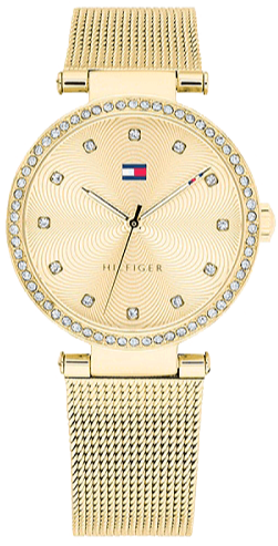 Tommy Hilfiger Lynn women's watch with gold dial, crystal bezel, and gold mesh bracelet