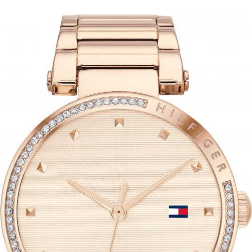 Tommy Hilfiger Lynn watch at angle with strap and crystal-bezel detail