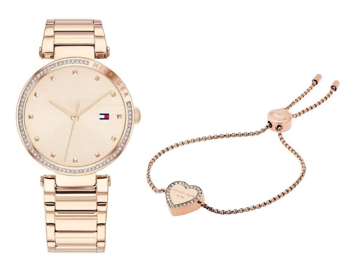 Tommy Hilfiger Lynn watch and rose gold crystal heart charm bracelet set
