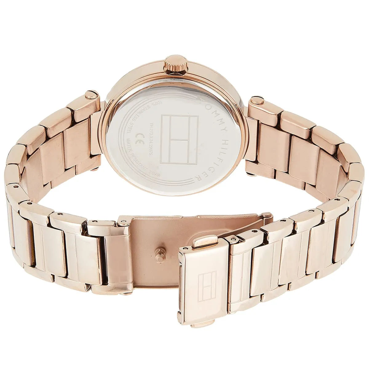 Caseback of Tommy Hilfiger Lynn watch showing metal plate and clasp