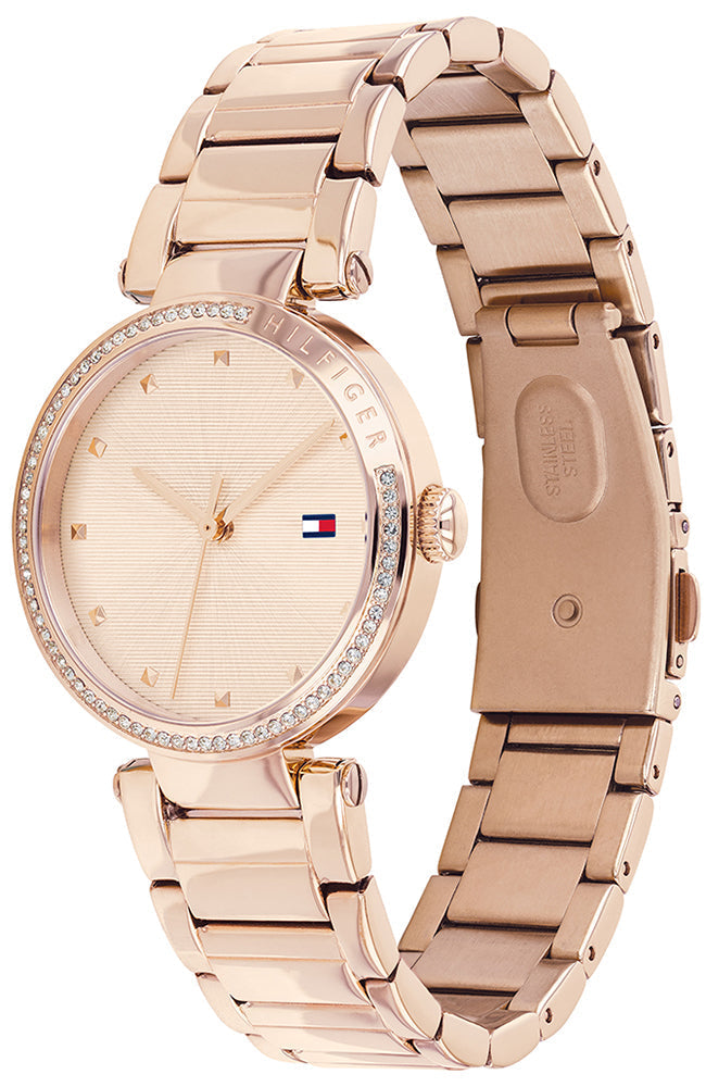Side view of Tommy Hilfiger Lynn watch with rose gold stainless steel bracelet