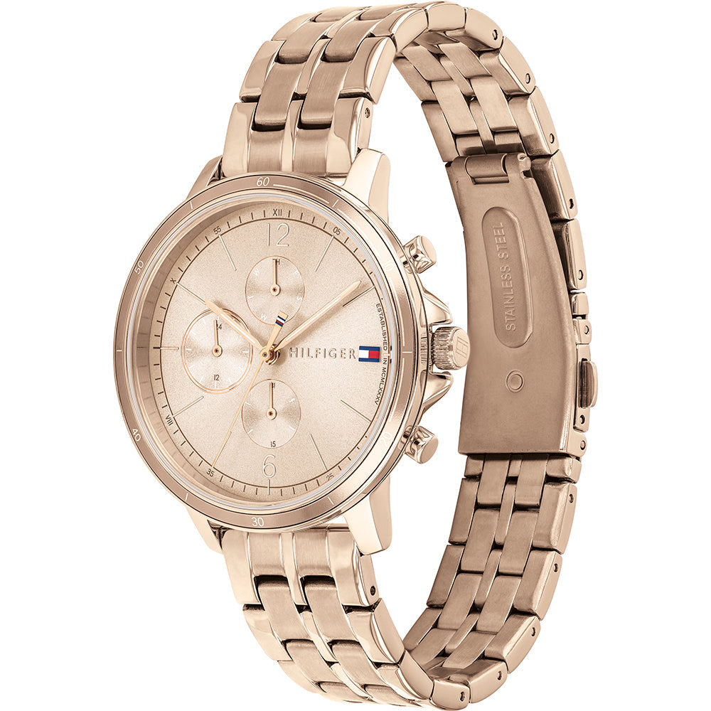 Tommy Hilfiger Madison watch with rose gold bracelet at angle view