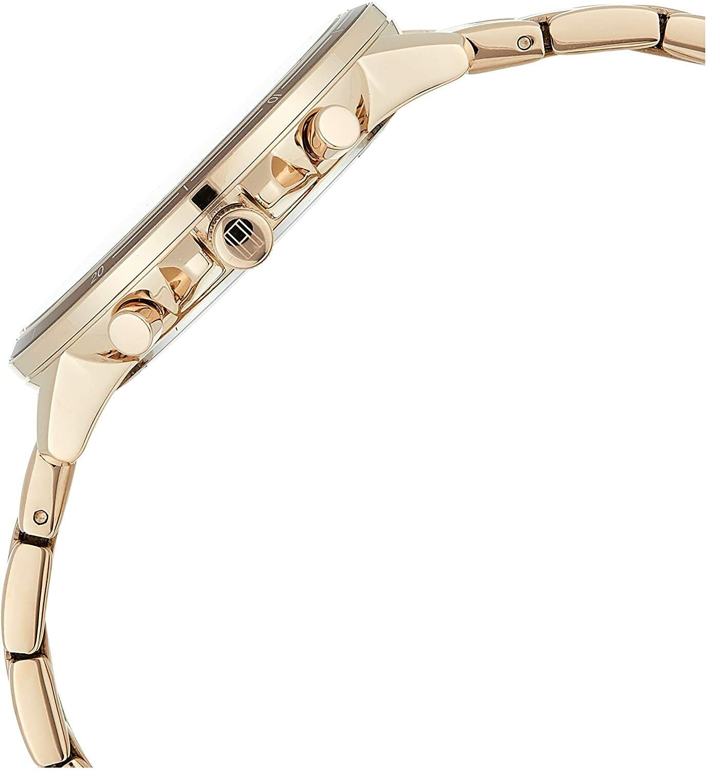 Tommy Hilfiger Madison watch side profile showing rose gold case and bracelet