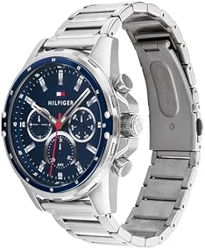 Side profile of Tommy Hilfiger Mason watch showing chronograph subdials and stainless steel case