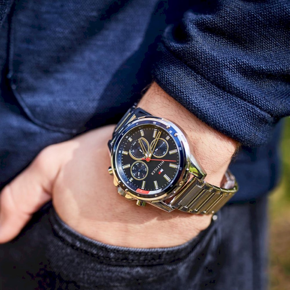 Tommy Hilfiger Mason chronograph watch worn on wrist with blue dial