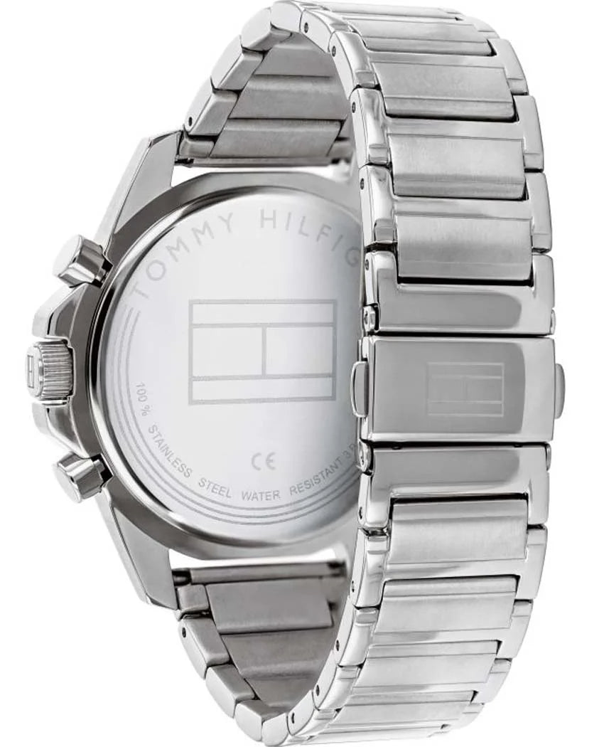 Side view of Tommy Hilfiger Mason watch with stainless steel bracelet and case