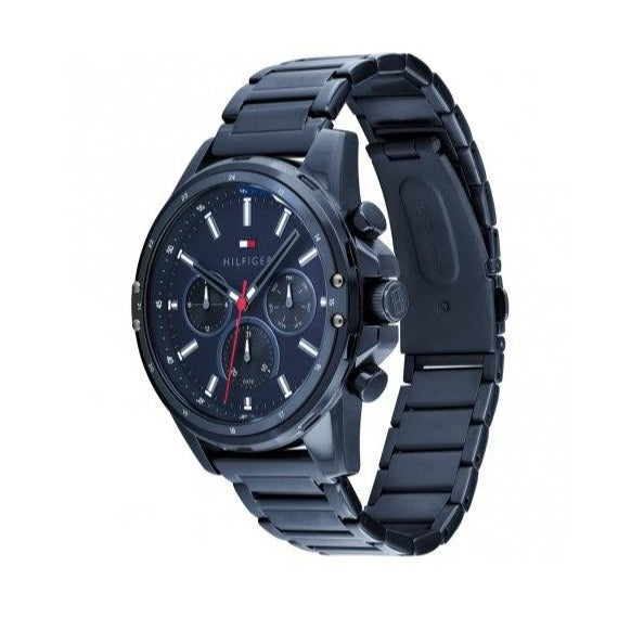 Tommy Hilfiger Mason men's watch with blue metal band displayed at angle