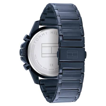 Tommy Hilfiger Mason watch caseback showing stainless steel band