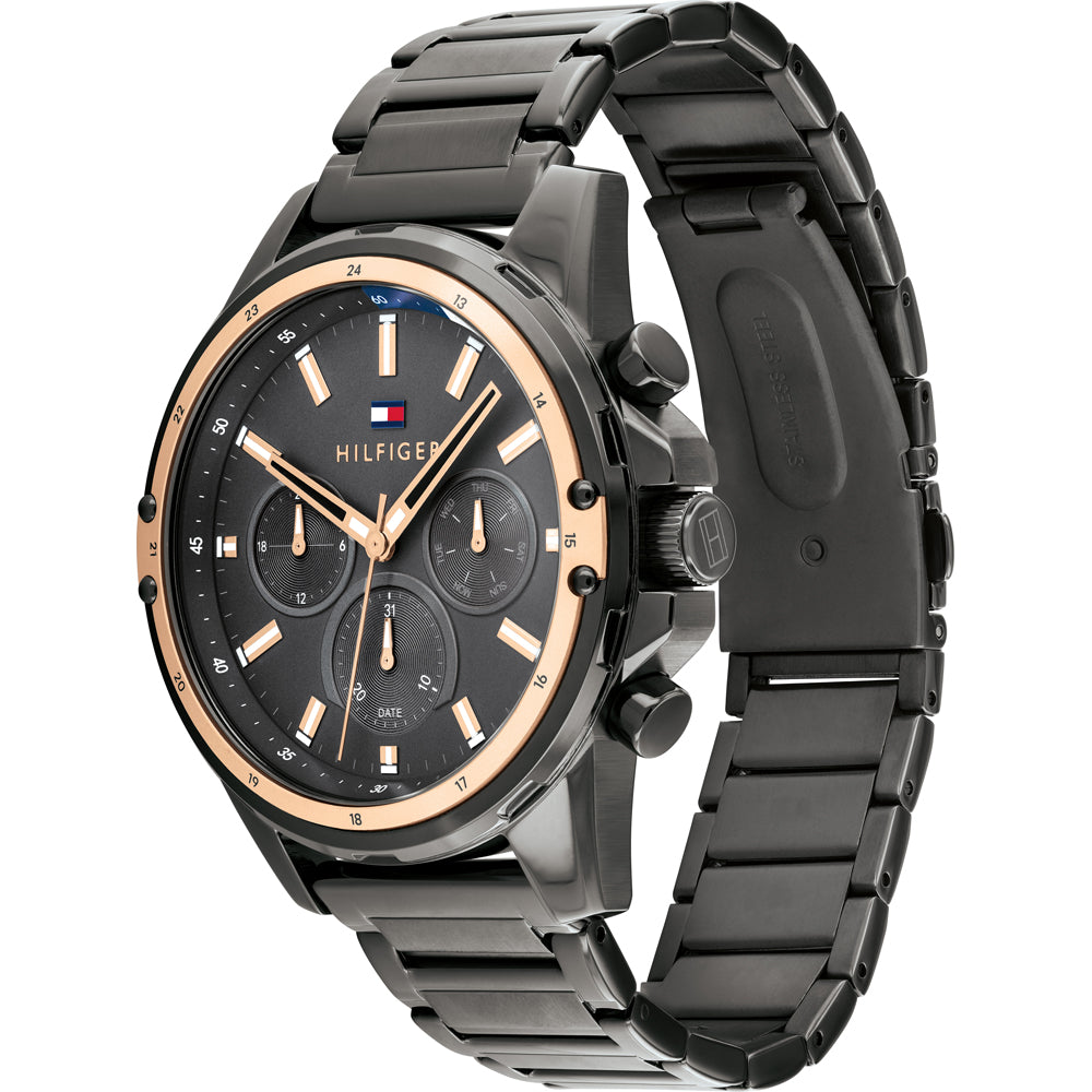 Side angle of Tommy Hilfiger Mason watch showing full bracelet and chronograph subdials