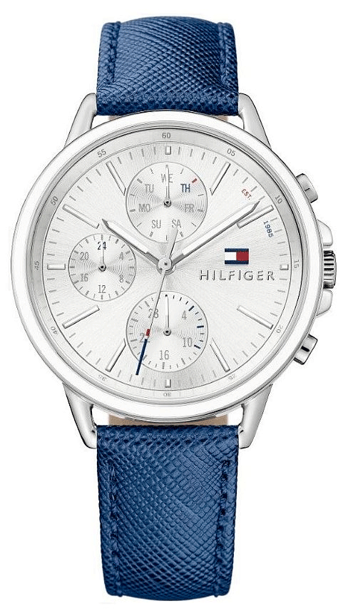Tommy Hilfiger Mason watch with white dial, silver case, and blue strap, front view