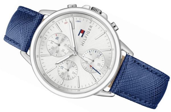 Tommy Hilfiger Mason watch side view with blue strap and tan leather backing