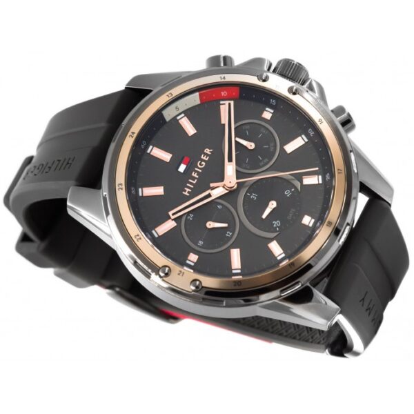 Tommy Hilfiger Mason watch at angle showing chronograph subdials and black rubber strap