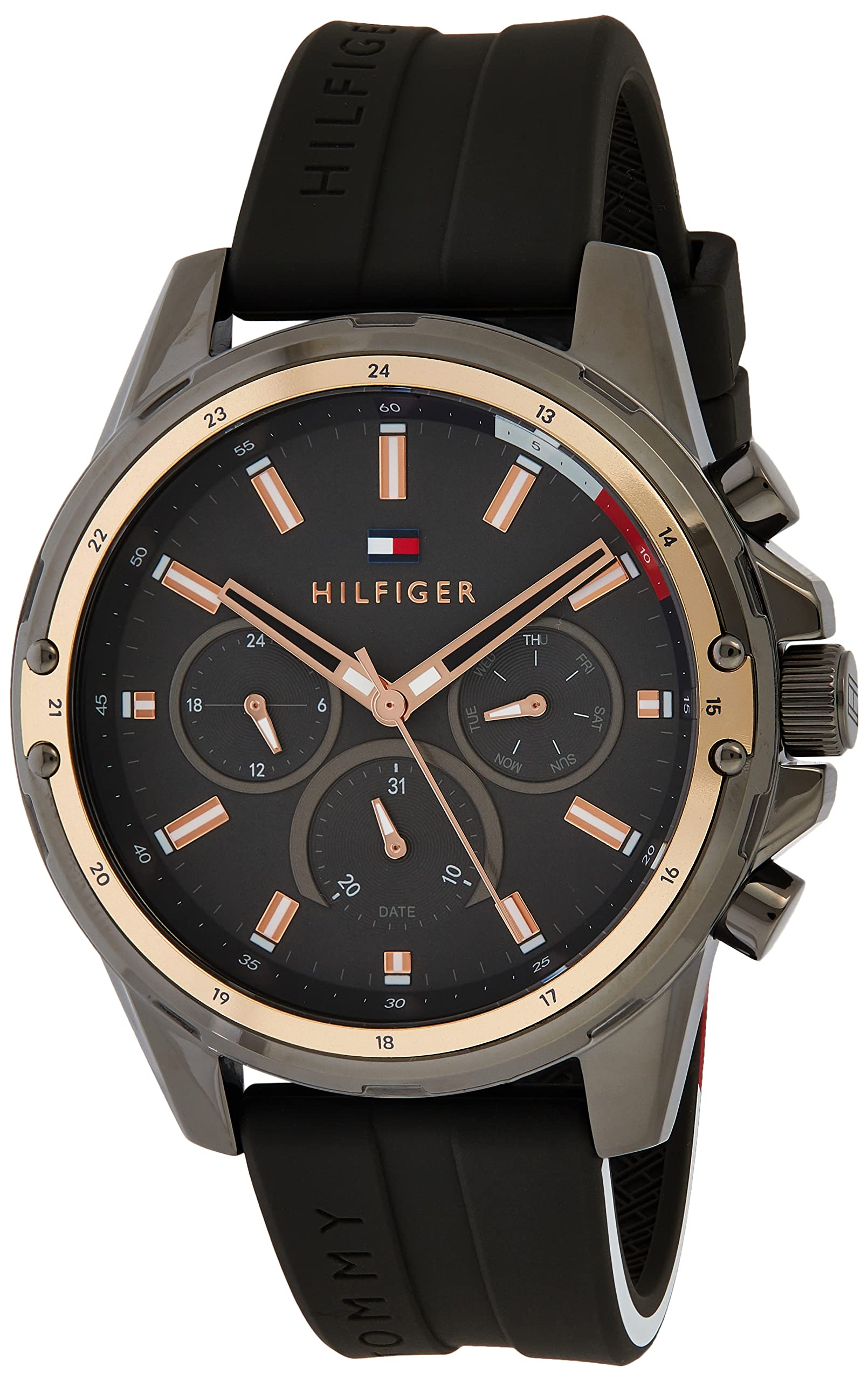 Tommy Hilfiger Mason watch displayed at an angle showing black dial with rose gold markers