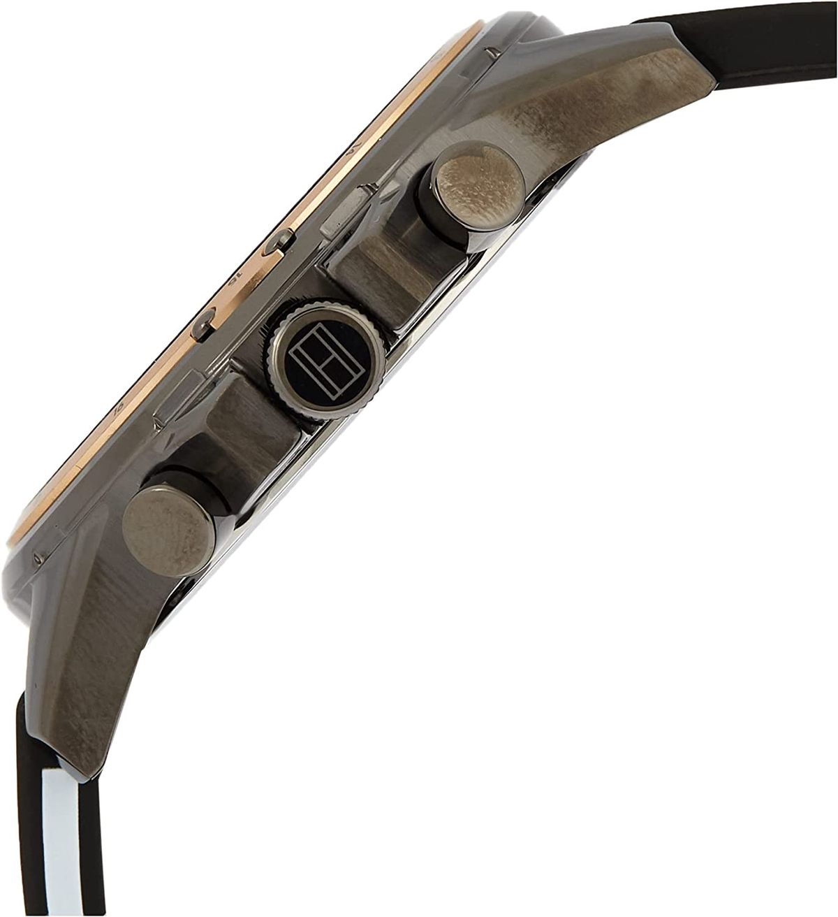 Side profile of Tommy Hilfiger Mason watch showing chronograph pushers and black strap