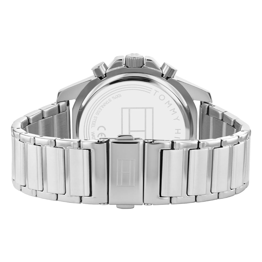 Tommy Hilfiger Mason chronograph watch back view displaying steel bracelet links